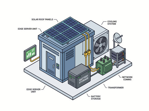 Modern edge data center with solar panels and battery storage for sustainable cloud infrastructure