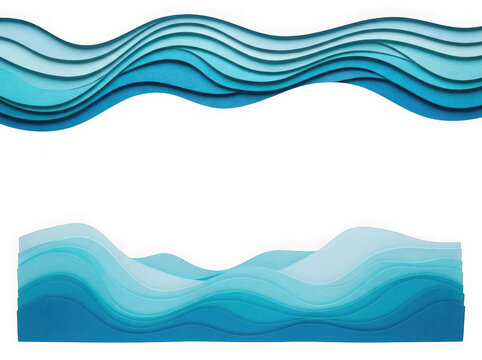 Abstract paper cut style layered blue ocean waves isolated on white background