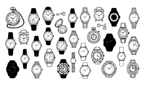 Vintage Watch and Clock Doodles Hand Drawn Vector Collection