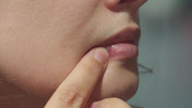 Woman experiencing a cold sore or herpes simplex virus outbreak on her lower lip, illustrating the discomfort and visual manifestation of the common oral infection requiring medical attention