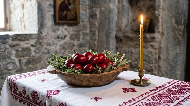Traditional red dyed Easter eggs in a rustic wooden bowl with a lit candle on an embroidered tablecloth for Orthodox celebration.