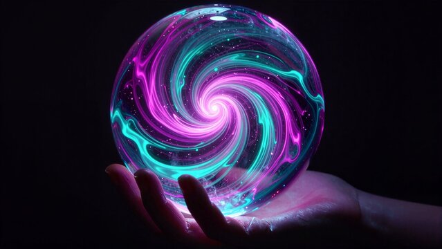 Hand cradles glowing, swirling galaxy in a crystal orb against dark backdrop.