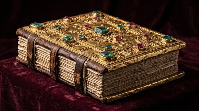 Ancient ornate manuscript with gold filigree cover encrusted with emeralds and rubies used as a sacred religious or mystical text.