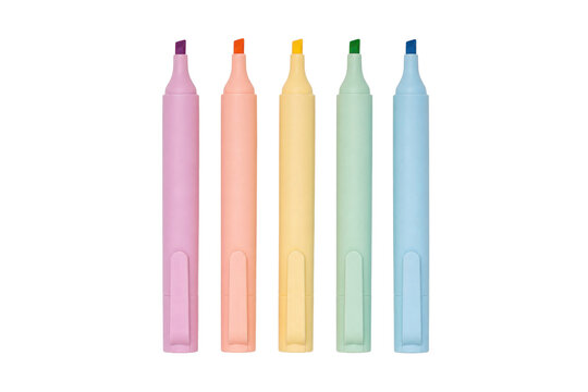 Five pastel-colored highlighters with visible tips and clips are neatly arranged vertically on a clean white background, showcasing their soft hues