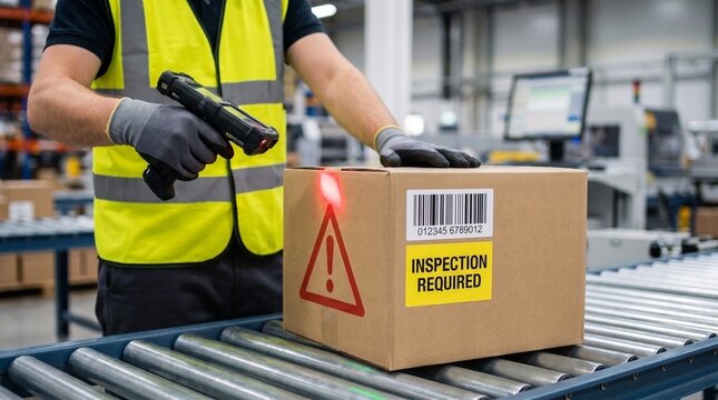 Warehouse worker scanning barcode on flagged shipping box for quality control and mandatory safety inspection protocols