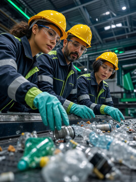 Three industrial workers sorting plastic bottles on a conveyor belt. Diverse team in yellow hard hats and safety gear working at a recycling facility. Waste management and sustainability concept
