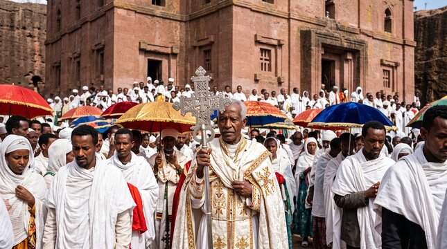 Ethiopian Orthodox priest holding a processional cross during a religious ceremony at Lalibela for cultural and heritage editorial use.