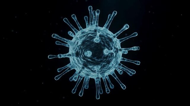 ​A high-detail 3D scientific visualization featuring a single blue coronavirus or pathogen cell floating and slowly rotating in a microscopic dark environment
