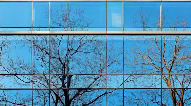 Bare tree branches reflected in modern glass building facade.