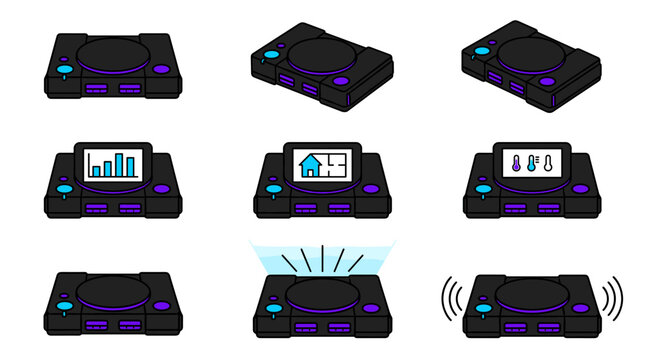 Retro Game Console & Smart Hub Icon Set Vector Illustration - Classic CD Game Console Isometric Console Perspective View Media Station UI Display Floor Plan Display Smart Thermostat Screen Standby Gam