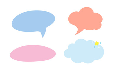 Fototapeta premium A pastel assortment of four speech bubble and cloud shapes, featuring soft blue, pink, and coral tones, includes subtle star accents, suggesting gentle conversation and creative ideas.