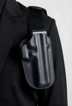 Law enforcement and security, shoulder holster for concealed carry worn by a professional agent in a black suit for tactical protection and defense