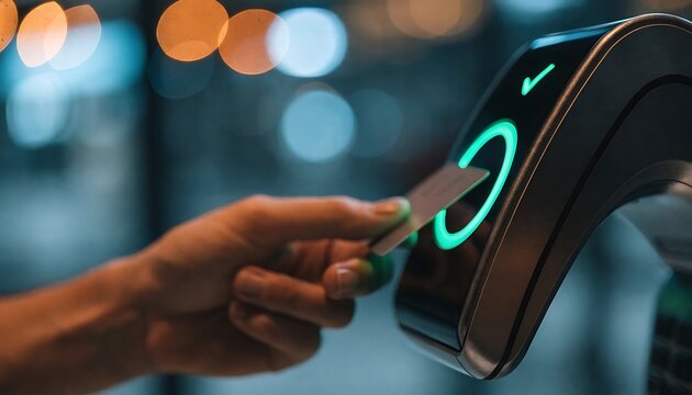 Person using a contactless payment card at a digital terminal with glowing green indicator lights