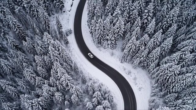 Aerial top down view of a white car driving on a winding asphalt road through a dense snow covered pine forest in winter