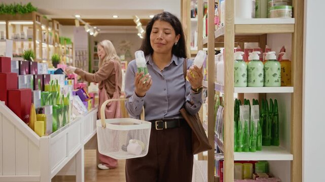 Hispanic young woman comparing cosmetic bottles in skincare shop. Footage fits retail advertising, organic product campaigns, and consumer behavior projects
