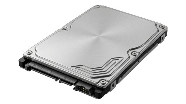 Modern silver external hard drive for data storage and computer backup isolated on transparent background