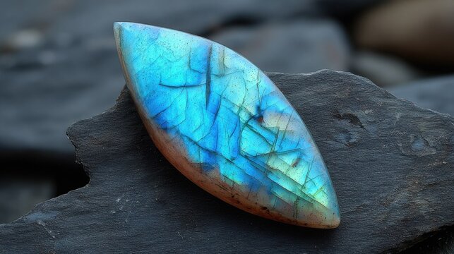 Captivating Labradorite Cabochon Exhibiting Strong Blue and Green Adularescence on a Dark Surface