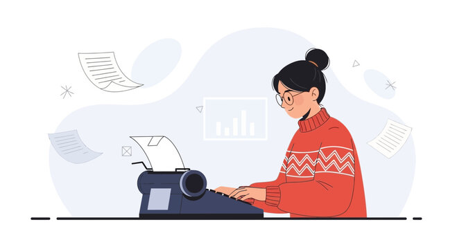 Woman typing on vintage typewriter, creative process, writing, storytelling, vector illustration