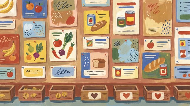 illustration of community fridge labels with food items and donation boxes