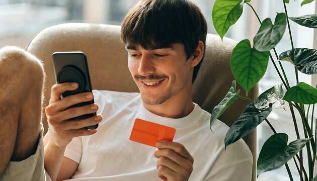 Young man sitting in an armchair using a smartphone and holding a credit card for online shopping