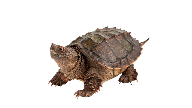 Small wild brown terrestrial land turtle tortoise crawling isolated on transparent background.