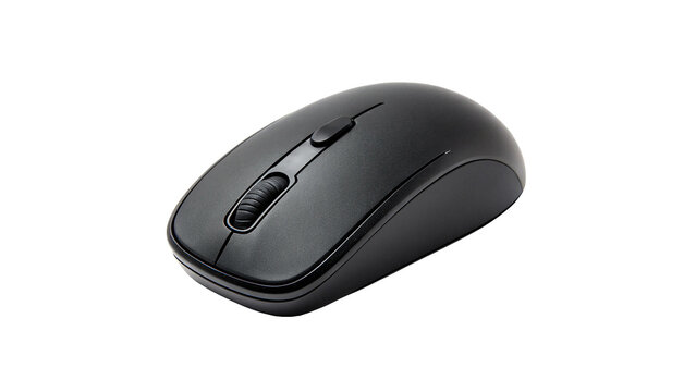 Modern minimalist black optical wireless computer mouse office isolated on transparent background.