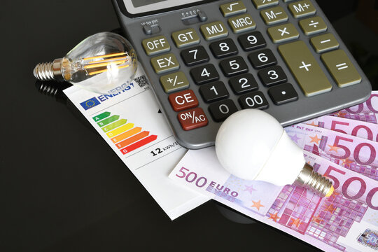 Energy Efficiency Rating Concept with Calculator, Euro Money and Light Bulbs