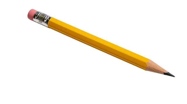 Yellow wooden pencil with pink eraser and sharpened graphite lead tip
