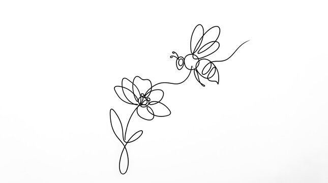 Continuous line drawing of a bee flying towards a flower with pollination honeybee minimalist continuous illustration