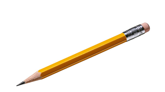 Yellow wooden graphite pencil with pink rubber eraser and metal ferrule