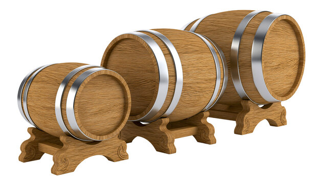 Three wooden barrels with metal hoops resting on carved wooden stands