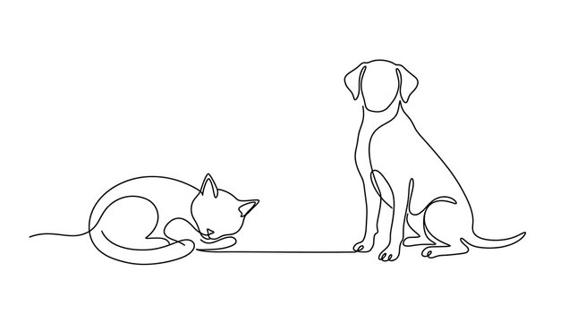 Continuous line drawing of a pet cat sleeping while a loyal dog sits patiently nearby in simple style with sleeping