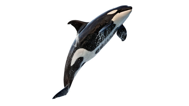Wild killer whale orca jumping high out of water isolated on transparent background.