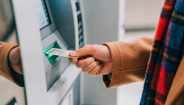 Person inserting a credit card into an ATM machine to withdraw cash in a modern banking environment.