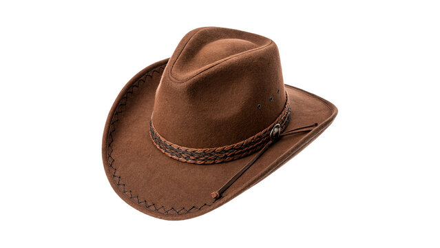 Classic wide brimmed brown leather cowboy hat western accessory isolated on transparent background.