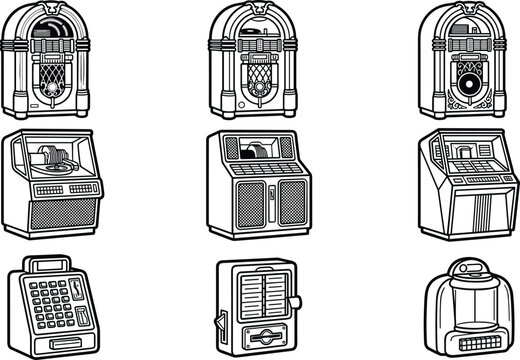 Vintage Retro Jukebox Icon Set Featuring Classic Music Players Record Changers Wallboxes and Audio Equipment for Bar Diner and Party Graphic Design