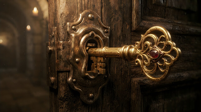 Ornate antique brass keyhole and key on weathered wooden door close up