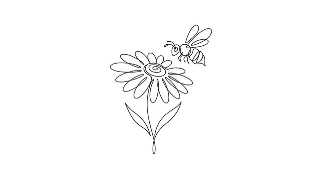 Single line art drawing of a honey bee approaching a daisy flower with pollination minimalist continuous illustration