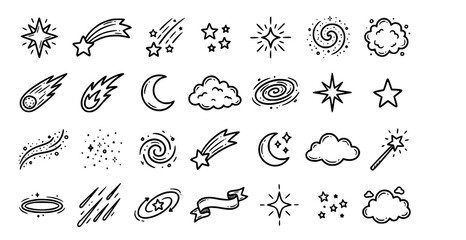 Cute Hand Drawn Stardust Falling Stars Comets and Magical Celestial Doodle Set © Isratjahen