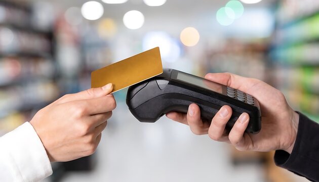 Customer paying with a contactless credit card at a retail store point of sale terminal