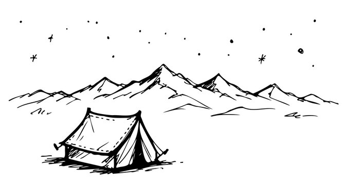 Hand-drawn illustration of a cozy camping tent situated in a majestic mountain landscape under a starry sky, rendered in a sketch, doodle, and line art style with rustic charm.

Ключевые слова (Keywor