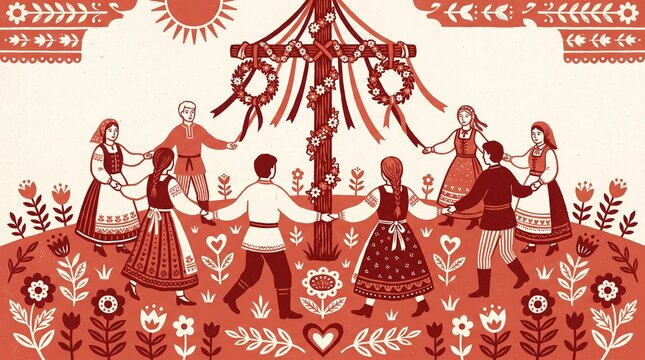 Midsommar celebration with people dancing around maypole in folk style illustration