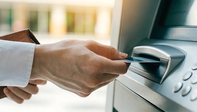 Person in a white shirt inserting a credit card into an outdoor ATM machine for a financial transaction