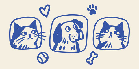 Naklejka na ściany i meble Cats and Dog Naive Hand Drawn Portrait Set