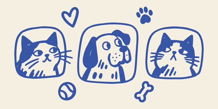 Cats and Dog Naive Hand Drawn Portrait Set