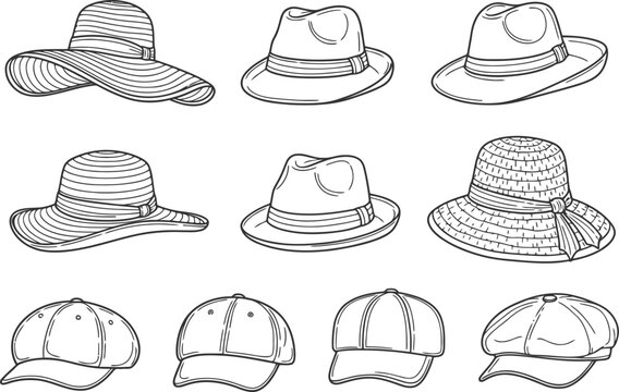 Assorted stylish hats and caps illustration