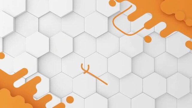 White hexagon pattern with orange liquid splash and flowing lines animation on white background