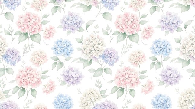 Seamless pattern of watercolor hydrangea flowers in pastel pink, blue, and purple shades with green leaves on a white background