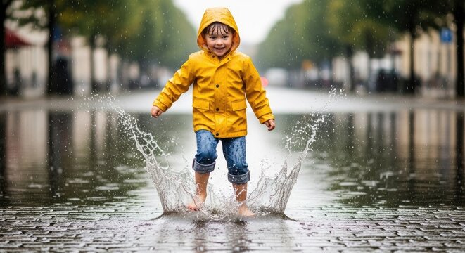 A young child in a yellow raincoat jumping in a puddle on a rainy day.