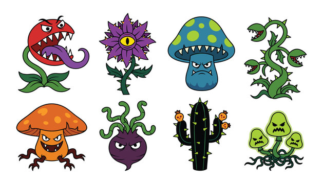 Spooky Cartoon Carnivorous Plant Monster Vector Set featuring Angry Mushrooms Aggressive Venus Flytraps Evil Cactus and Cyclops Flowers for Gaming and Halloween Asset Designs
